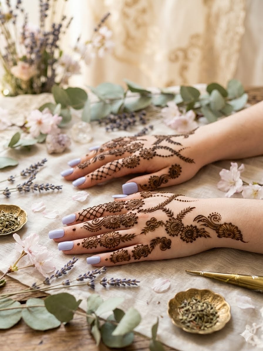 Detailed bridal henna across a hand and wrist